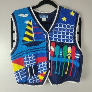 VTG 80s Knit Abstract Navy Nautical Scene Blue Multicolor Buttonup Sweater Vest